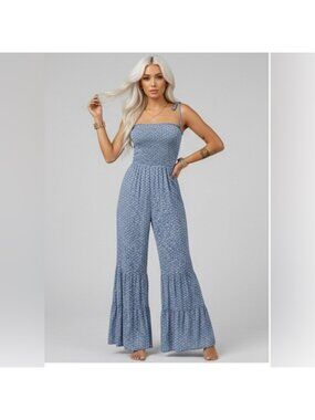 Boho Ditsy Floral Shirred Wide Leg Jumpsuit Blue